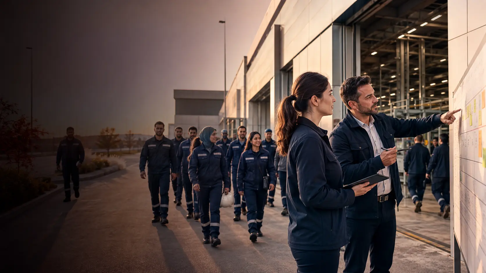Modern üretim tesisinde fabrika personeli ekibi