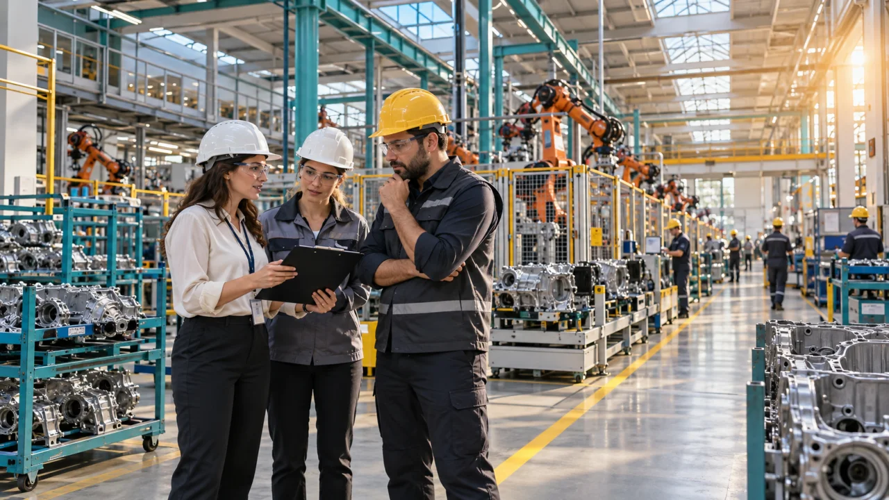 Modern bir üretim tesisinde işgücü planını değerlendiren proje ekibi
