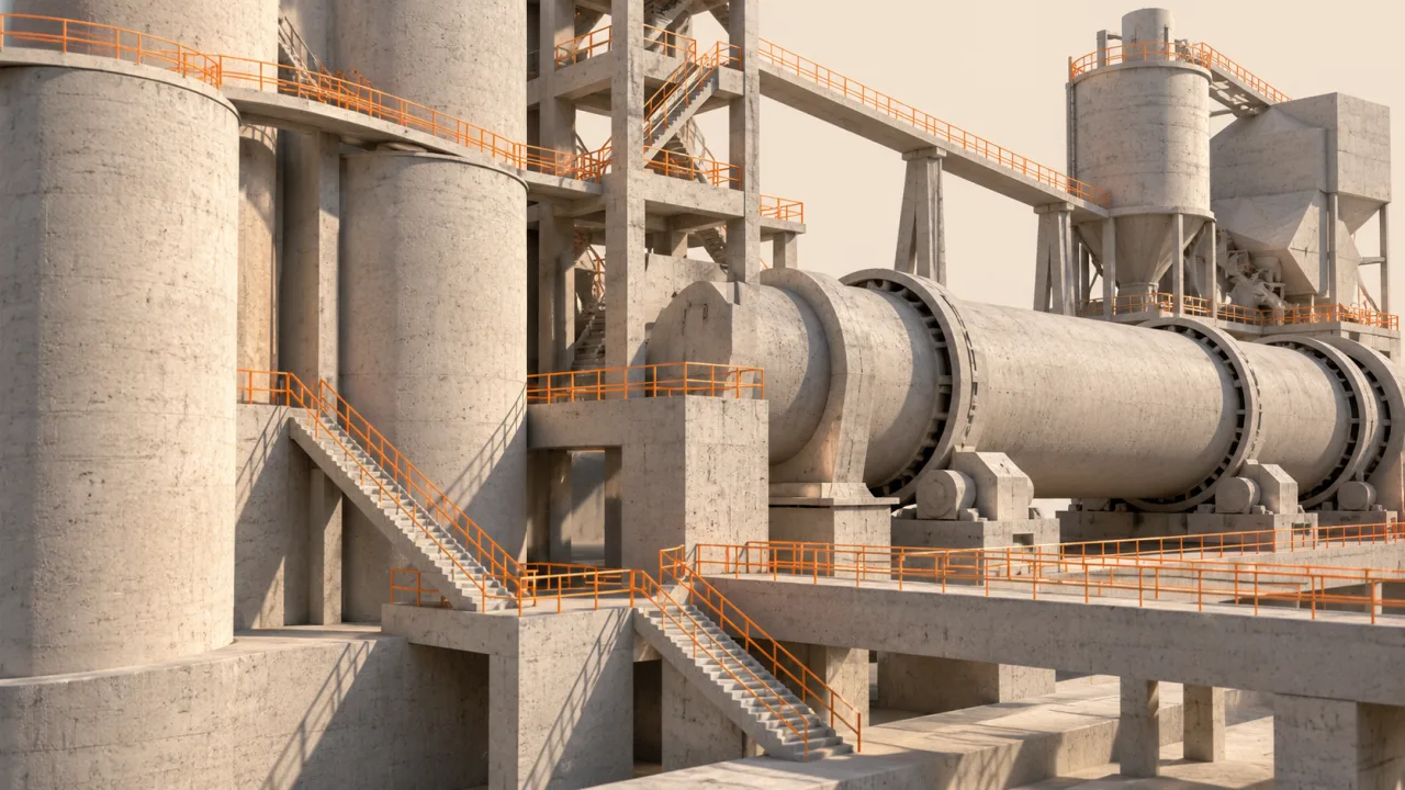 Çimento üretimindeki çalışma yollarını simgeleyen beton mimari model ve turuncu korkuluklar.