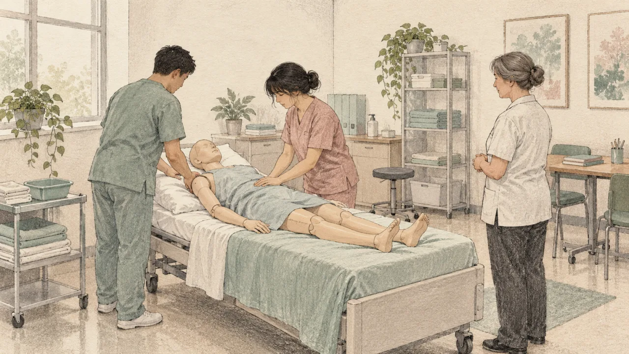 Yapay zekâyla üretilmiş gravür tarzı sahnede yetişkin öğrenciler, eğitmen gözetiminde klinik eğitim mankeniyle çalışıyor.