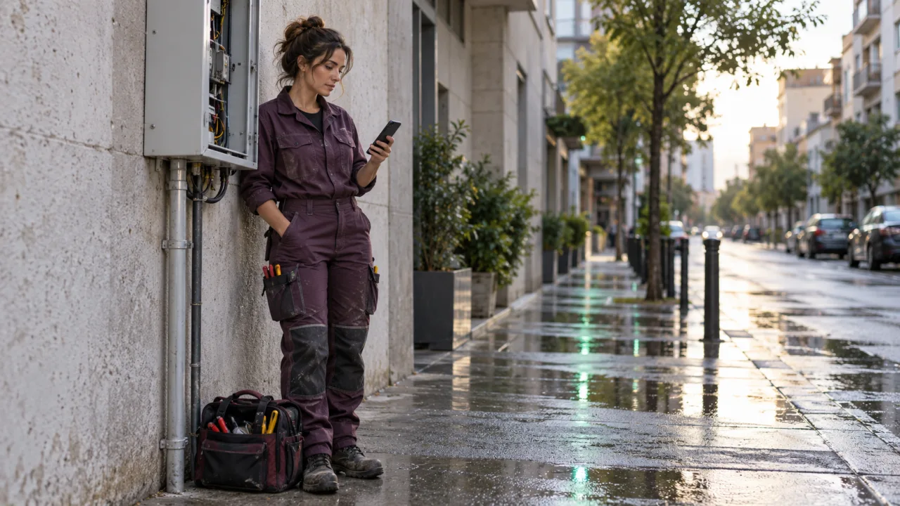 Bir kent sokağında telefonuna bakan anonim yetişkin teknik çalışan; mobil erişimi anlatan temsili sahne.