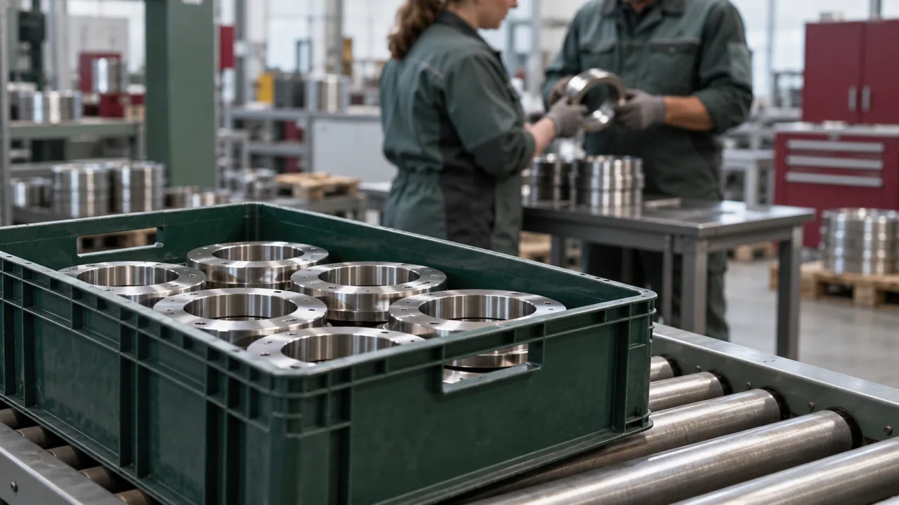 Bir üretim hattında sevke hazır metal parçalar ve arka planda parçayı inceleyen iki çalışan.