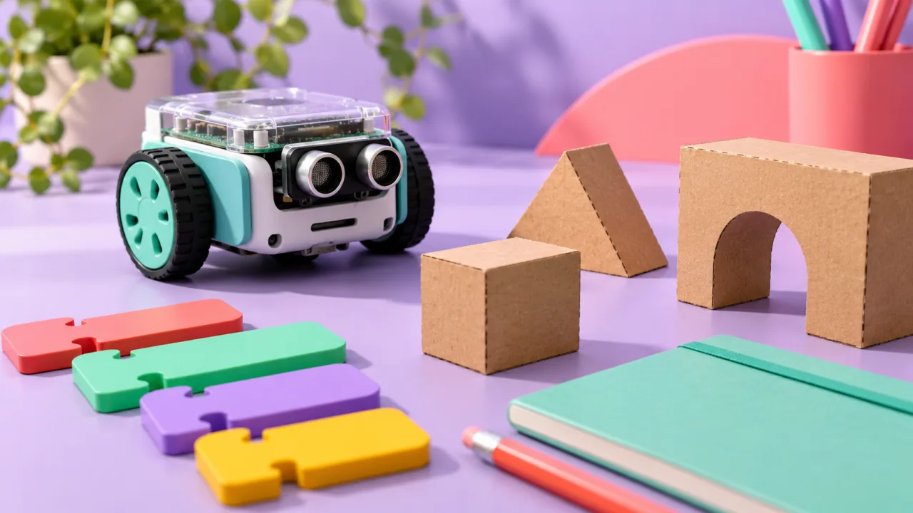 Lavanta renkli masa üzerinde küçük bir eğitim robotu, geometrik karton engeller ve renkli boş programlama bloklarının temsilî görüntüsü.