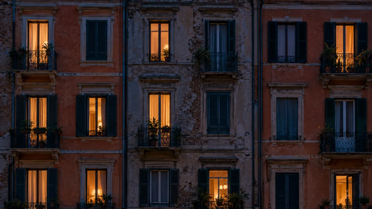 Gece ışıkları ve karanlık pencereleri birlikte görülen, insan içermeyen gerçekçi apartman cephesi.