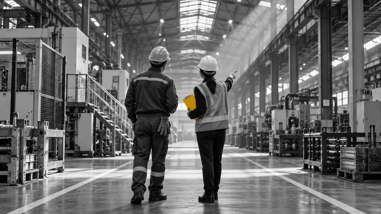 Fabrika koridorunda çalışma ortamını birlikte inceleyen anonim çalışan ve müfettiş.