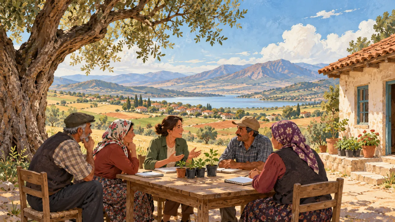 Kırsal bir manzarada ağacın altında eğitimciyle sohbet eden yetişkin üreticileri gösteren temsilî resimleme.